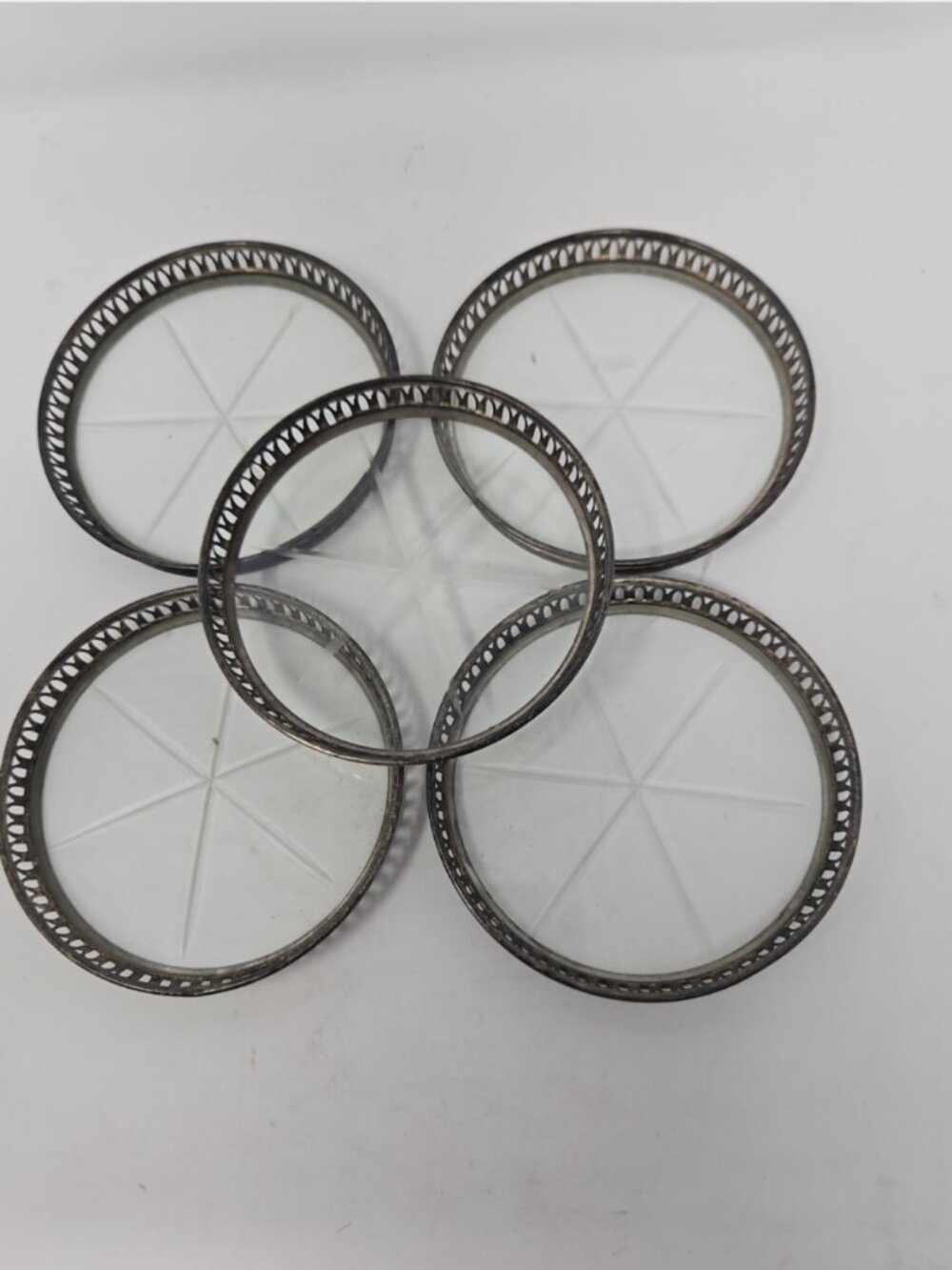 Set 5 Vintage Reticulated Sterling Silver Cut Crystal Glass Drinks Coasters Bar